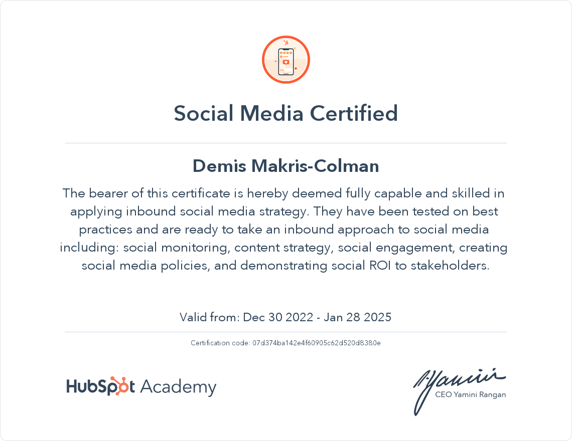 HubSpot Academy Social Media Marketing Certification