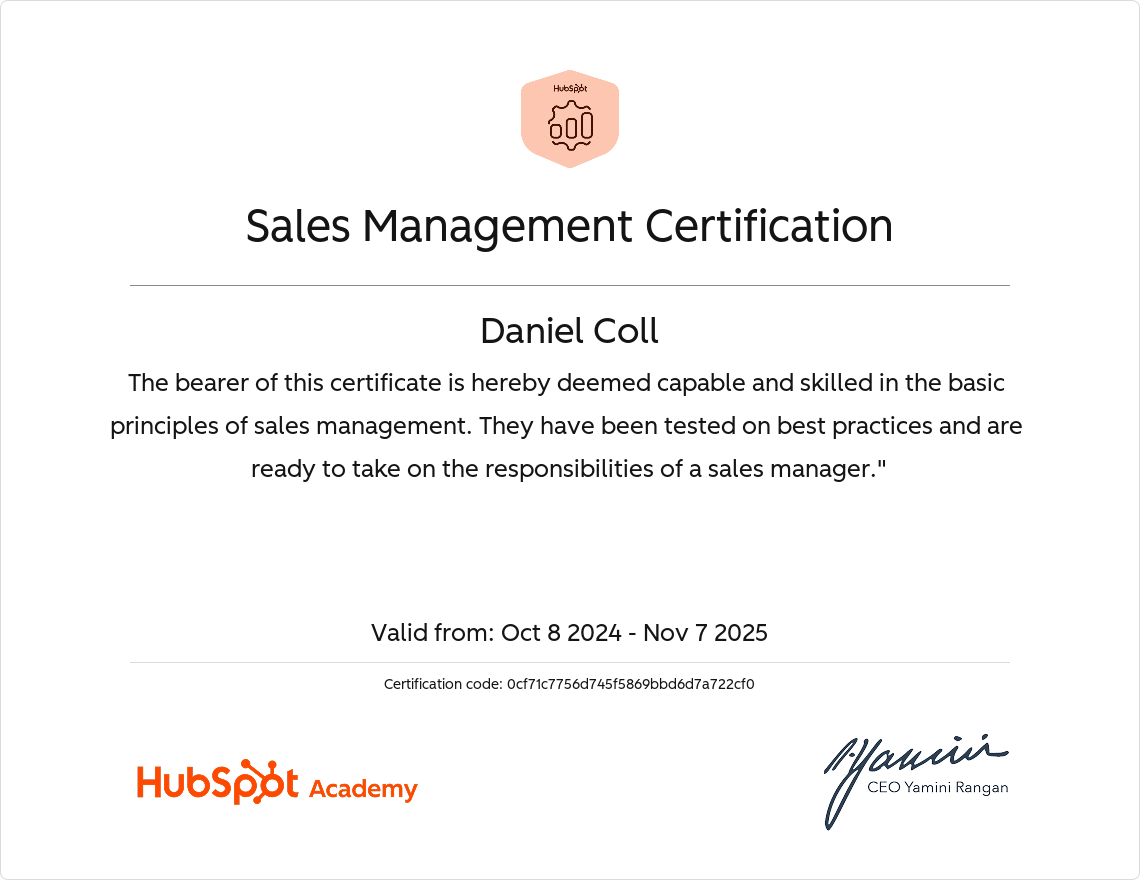 Daniel Coll HubSpot Academy Sales Management Certification