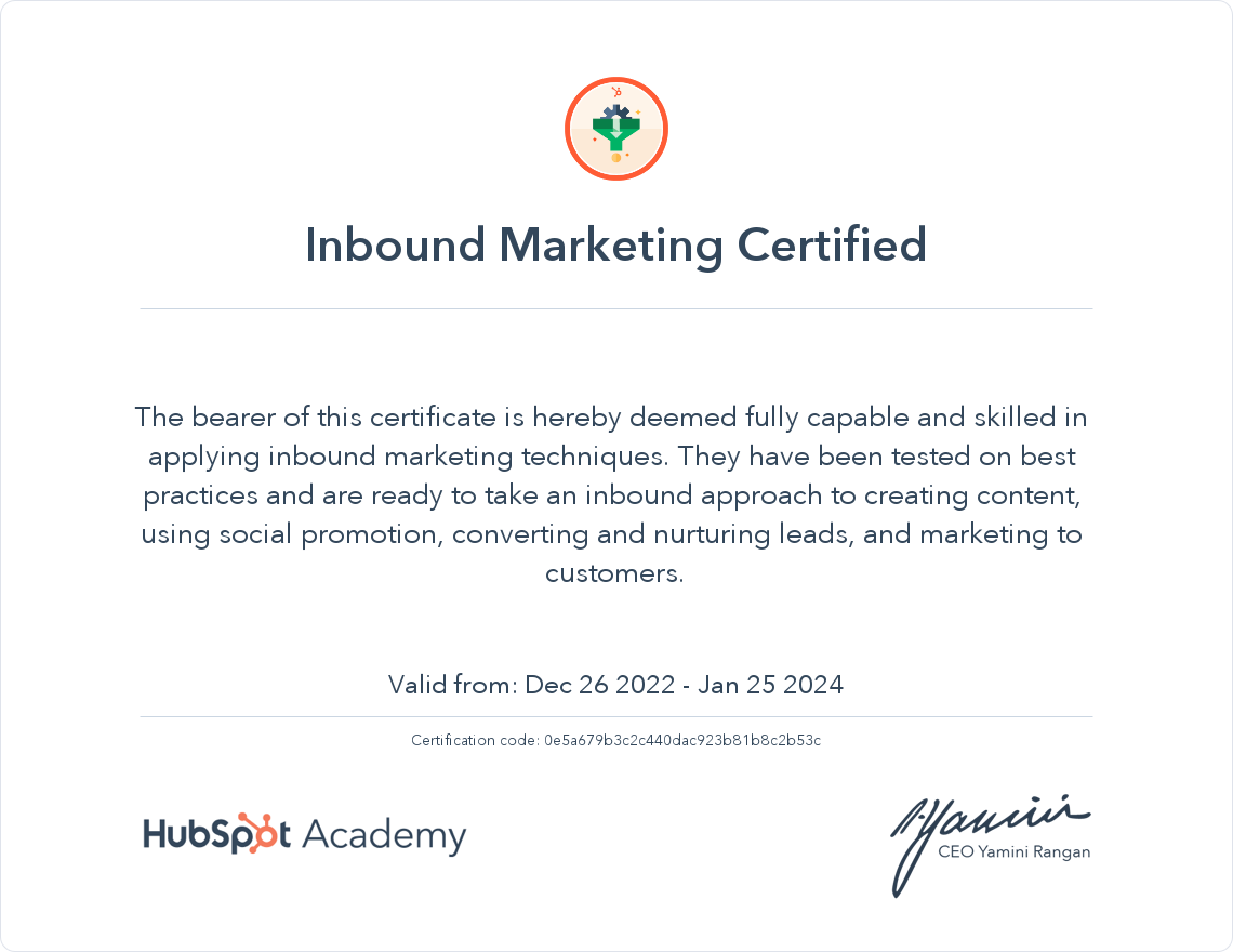 HubSpot Academy Inbound Marketing Certification