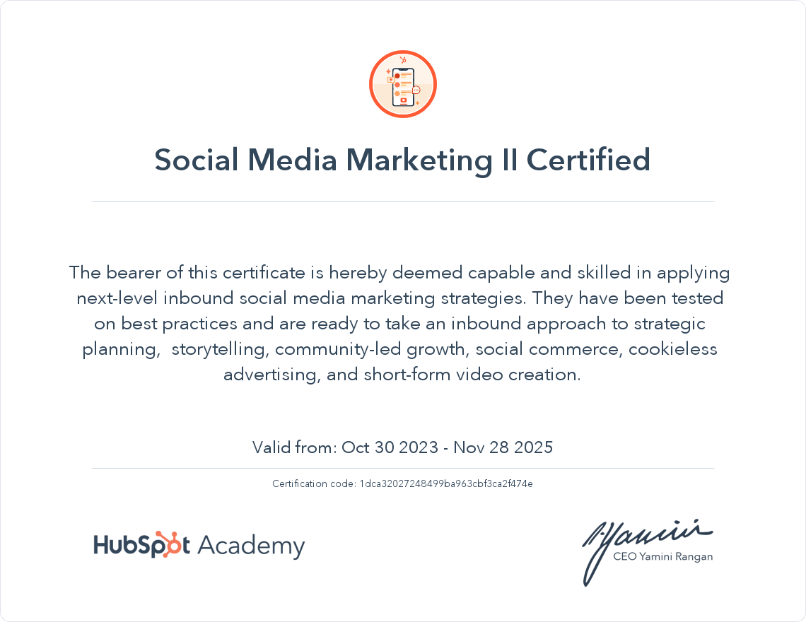 HubSpot Academy Social Media Marketing Certification II Certification