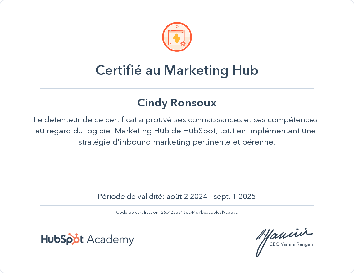 Certification Marketing Hub de HubSpot de HubSpot Academy