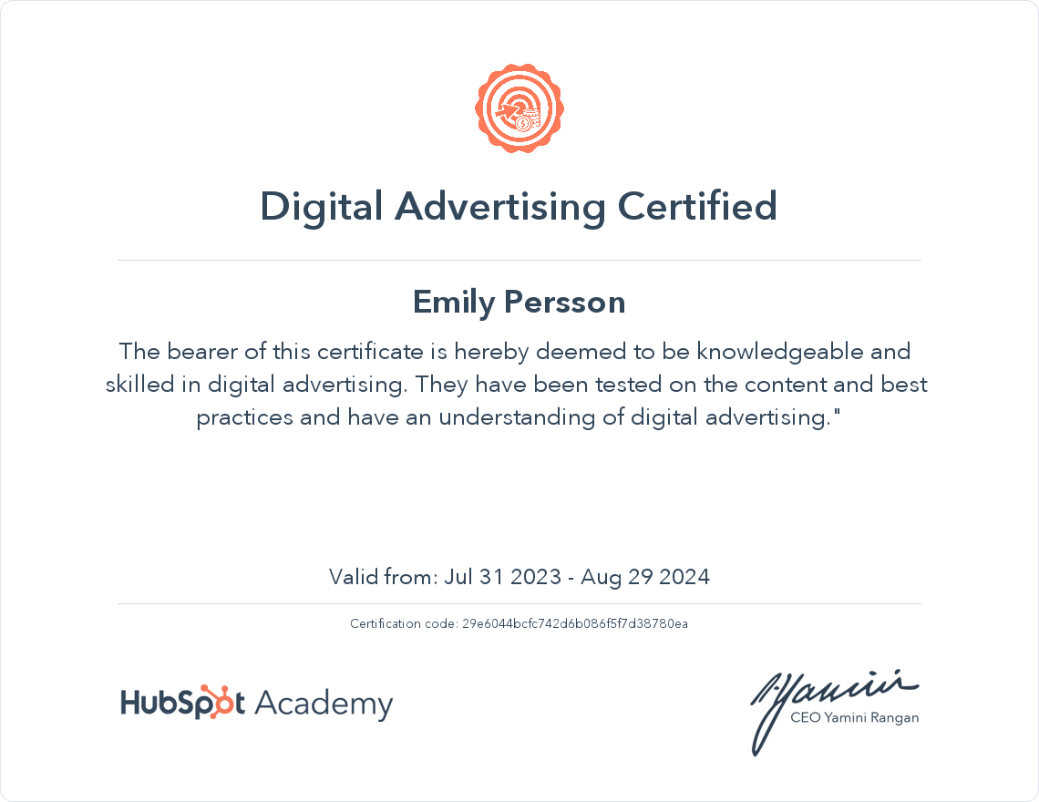 HubSpot Academycertifiering för Digital Advertising