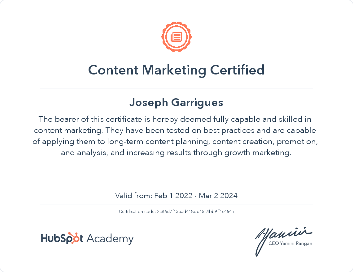 HubSpot Academy Content Marketing Certification