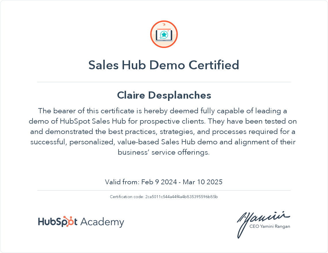 HubSpot Academy Sales Hub Demo Certification