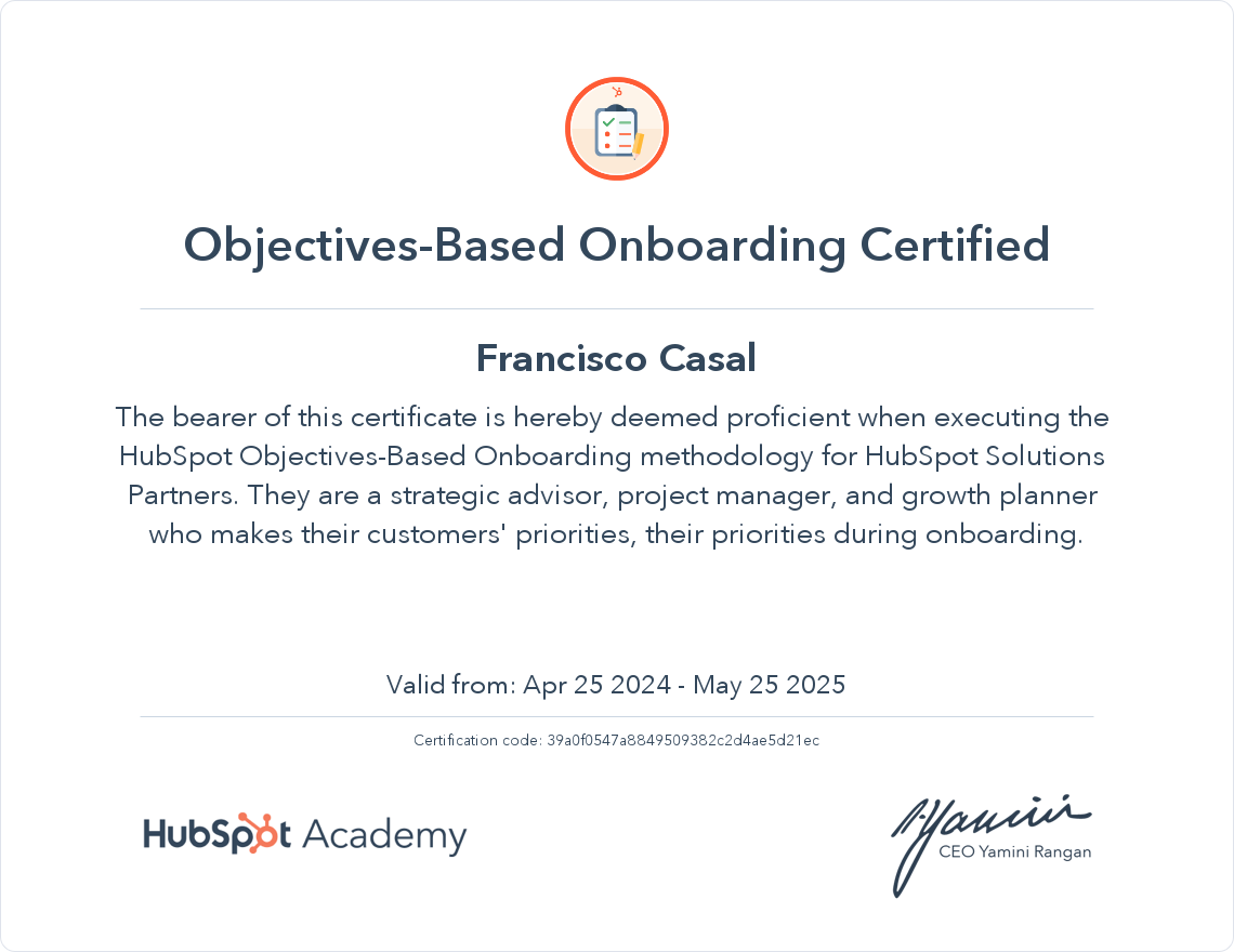 Certificación de ObjectivesBased Onboarding de HubSpot Academy