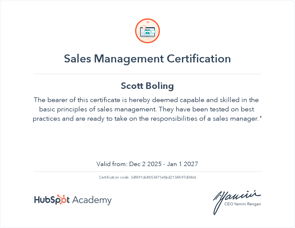 HubSpot Academy Sales Management Certification