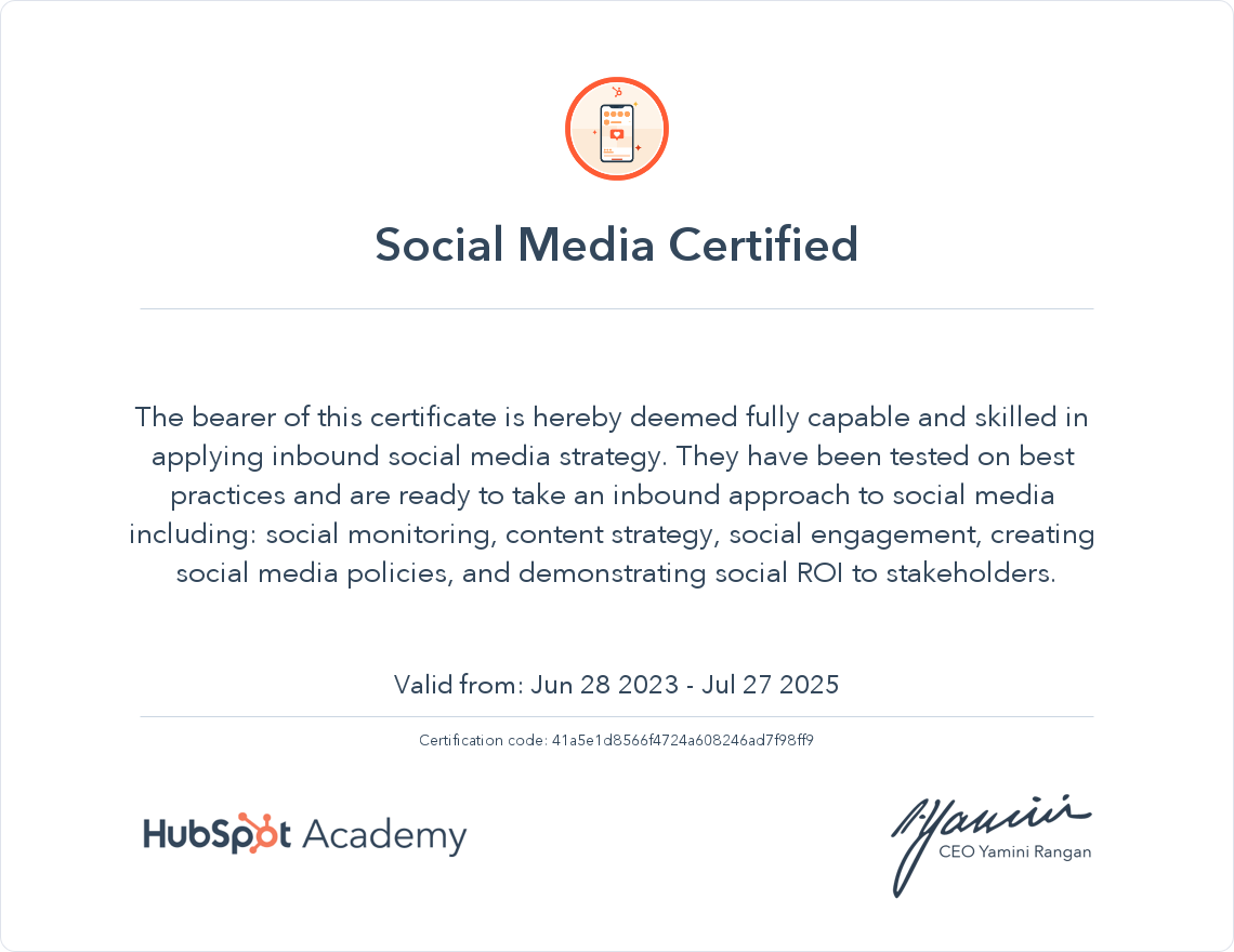 HubSpot Academy Social Media Marketing Certification