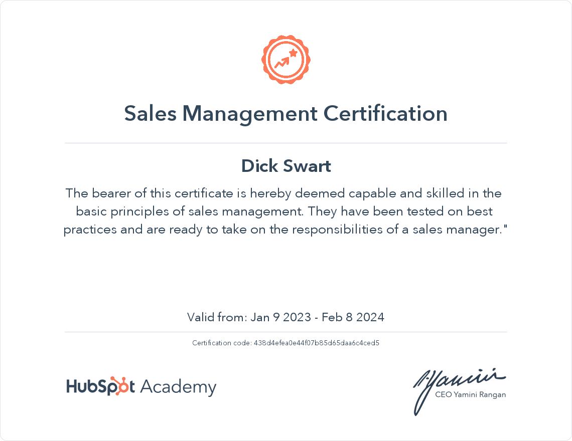 HubSpot Academy Sales Management Certification