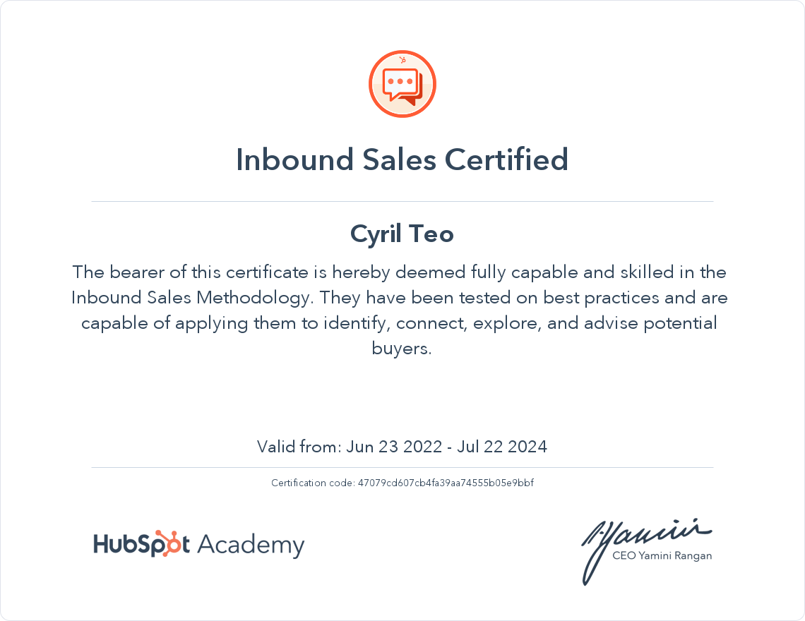 HubSpot Academy Inbound Sales Certification