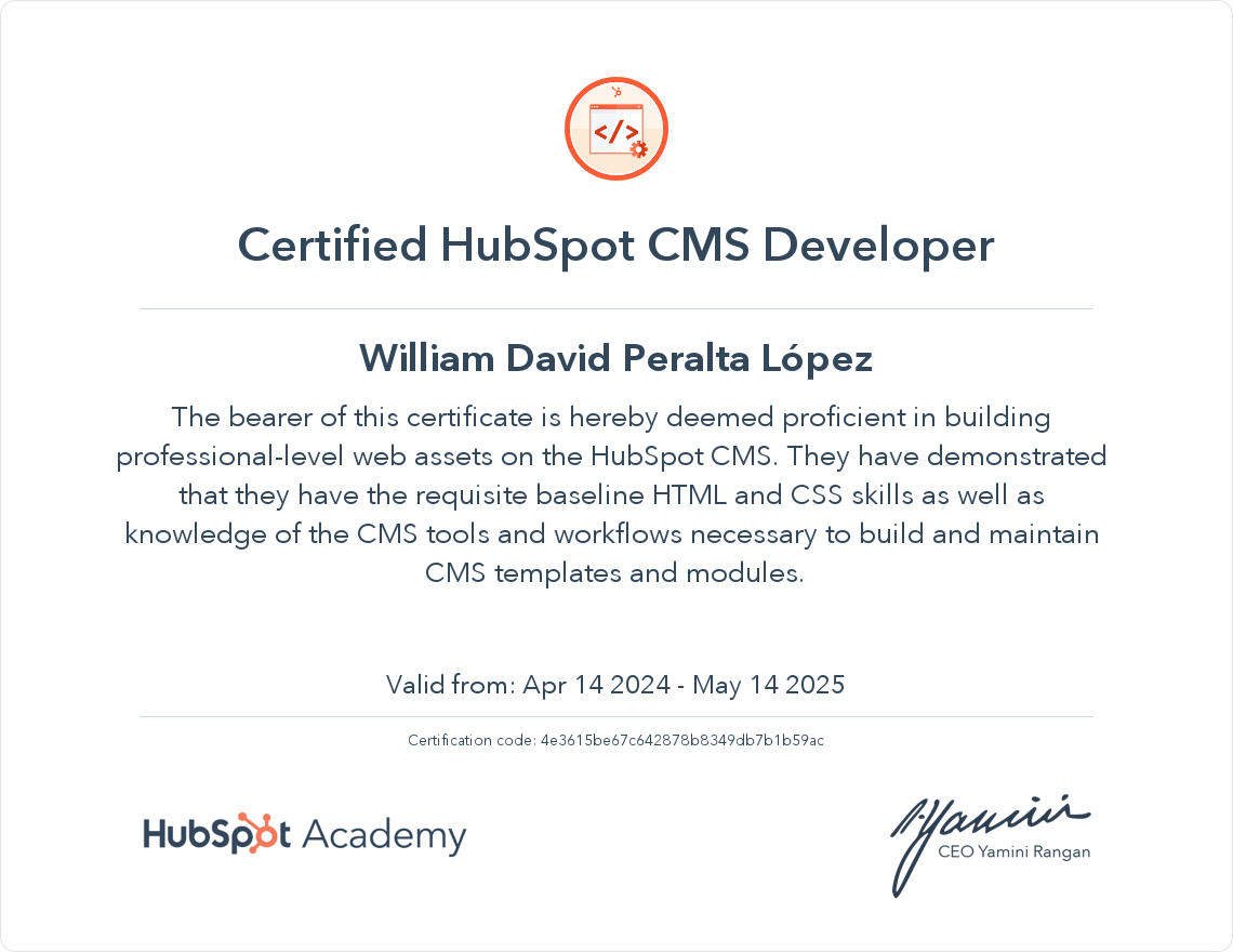 Certificación de HubSpot CMS for Developers de HubSpot Academy
