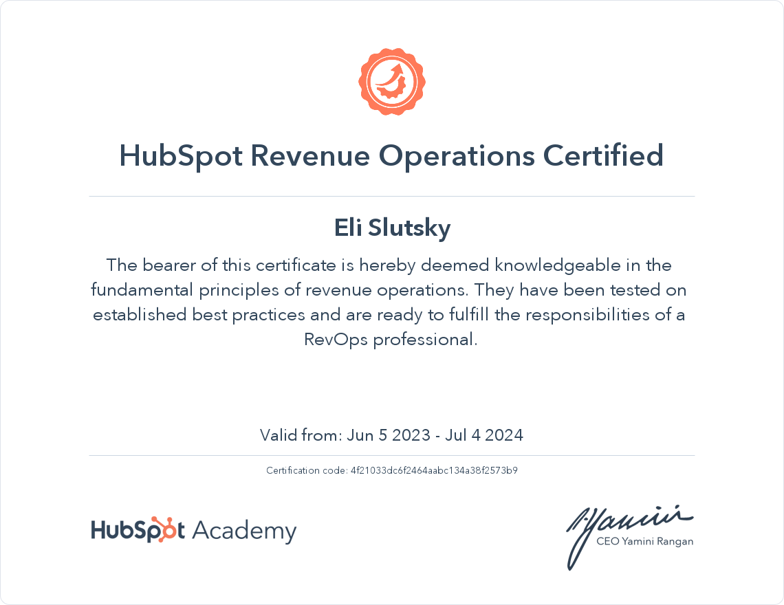 HubSpot Academy Revenue Operations Certification