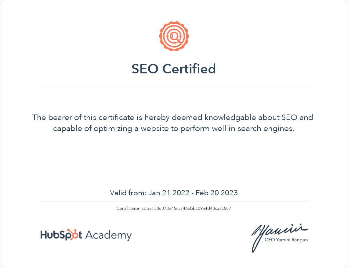 HubSpot Academy SEO Certification