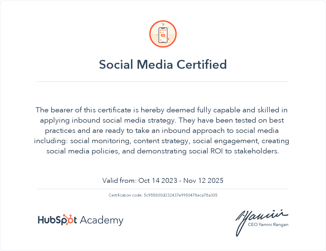 HubSpot Academy Social Media Marketing Certification