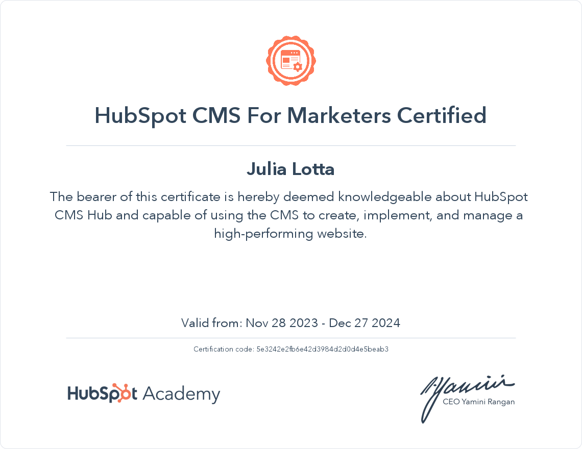 HubSpot Academy HubSpot CMS For Marketers Certification