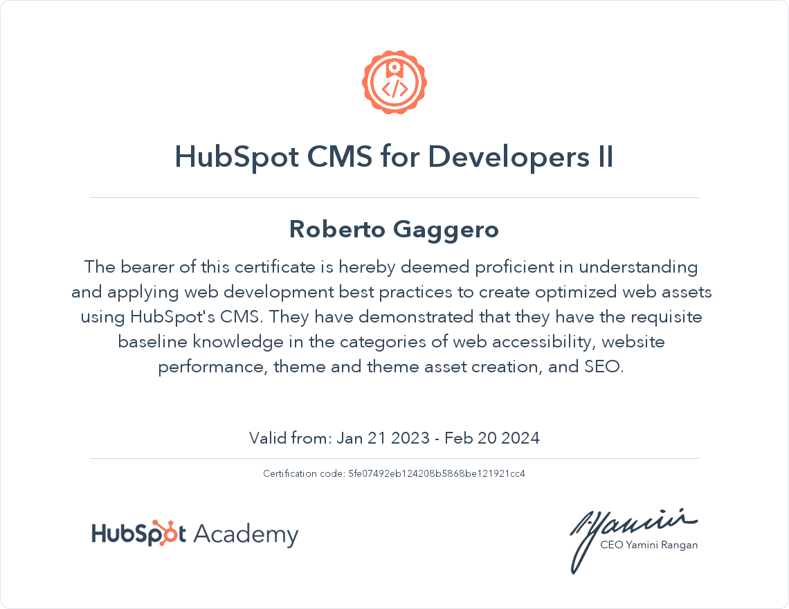 HubSpot Academy HubSpot CMS for Developers II Best Practices Certification