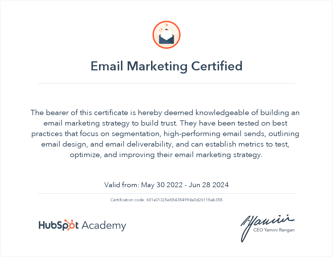 HubSpot Academy Email Marketing 2018 Certification
