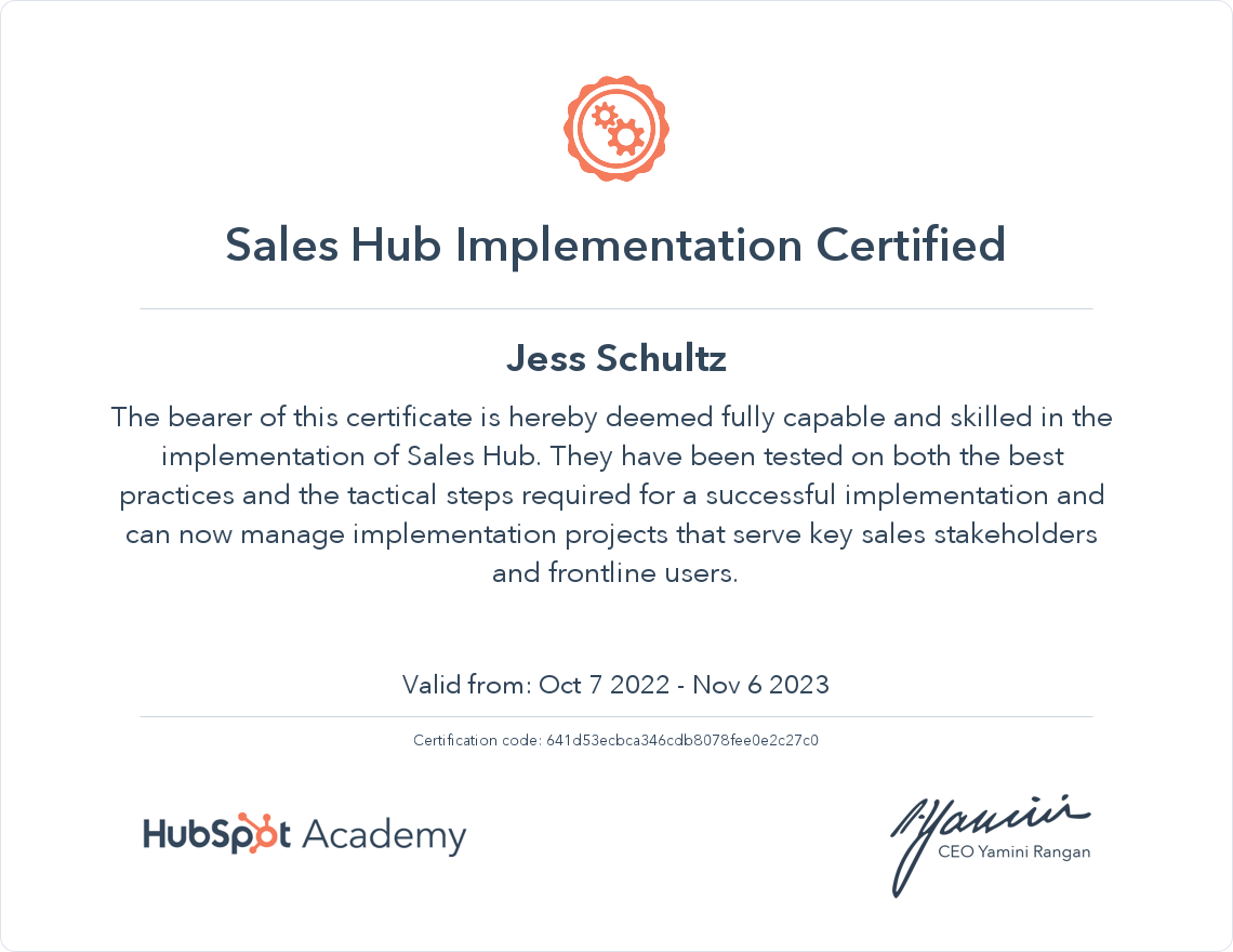 HubSpot Academy Sales Hub Implementation Certification