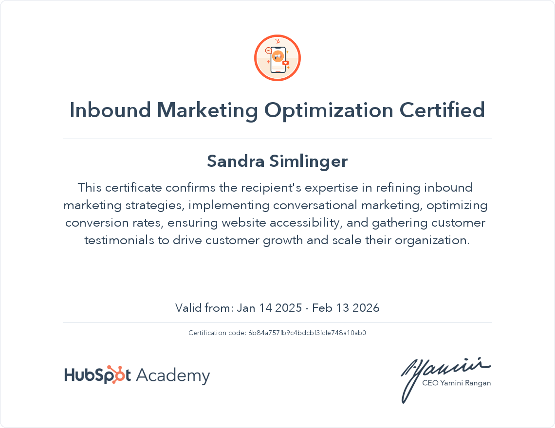 HubSpot Academy Inbound Marketing Optimization Certification