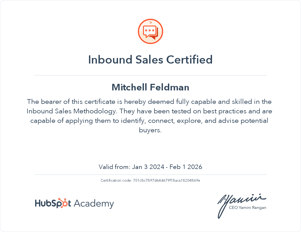 HubSpot Academy Inbound Sales Certification