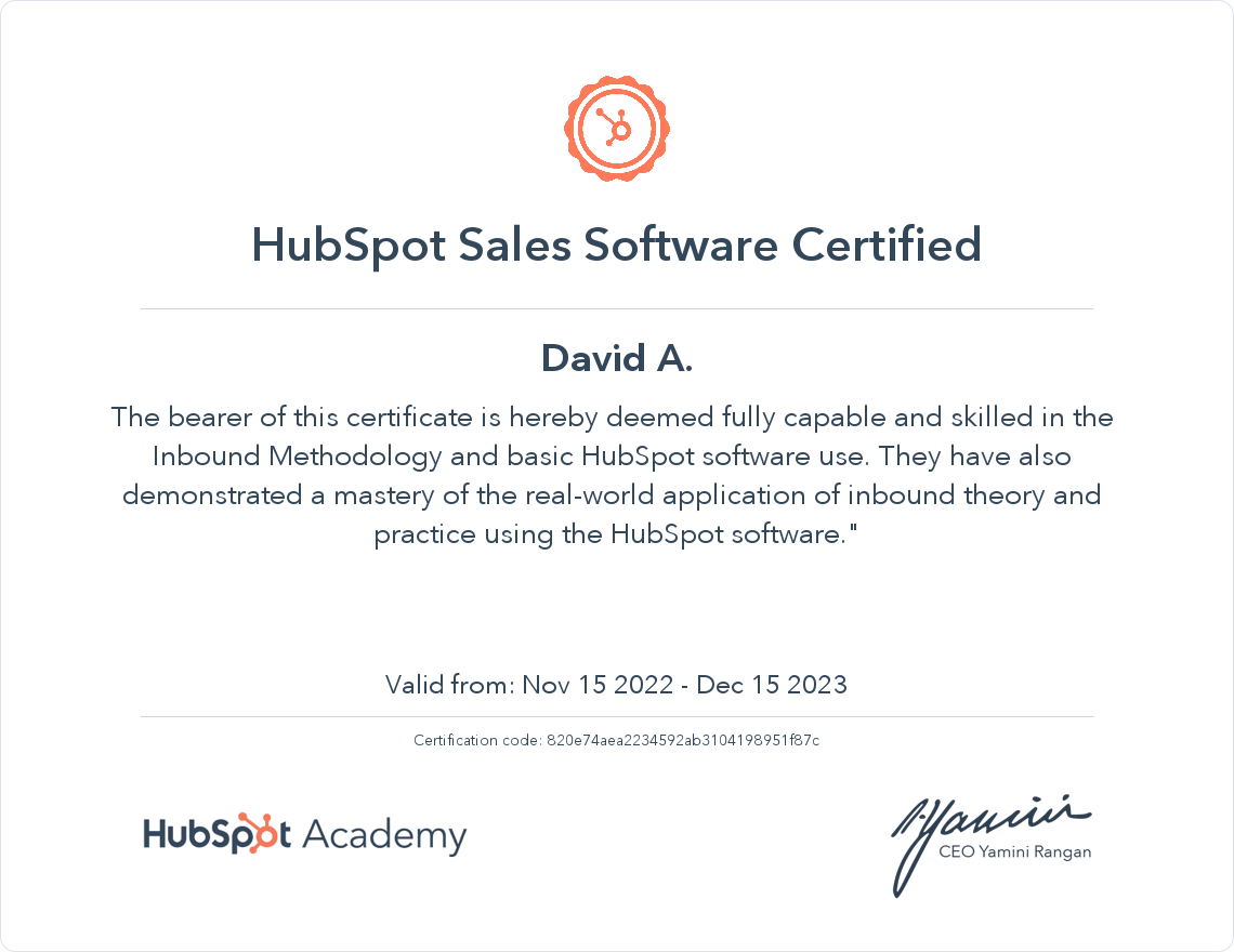 HubSpot Academy HubSpot Sales Software Certification