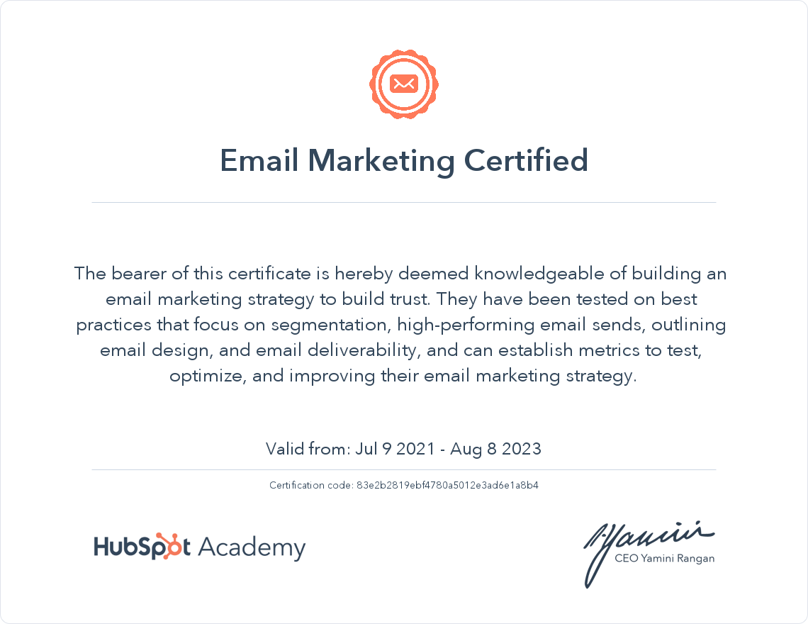 HubSpot Academy Email Marketing Certification