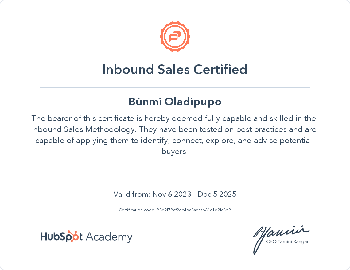 HubSpot Academy Inbound Sales Certification