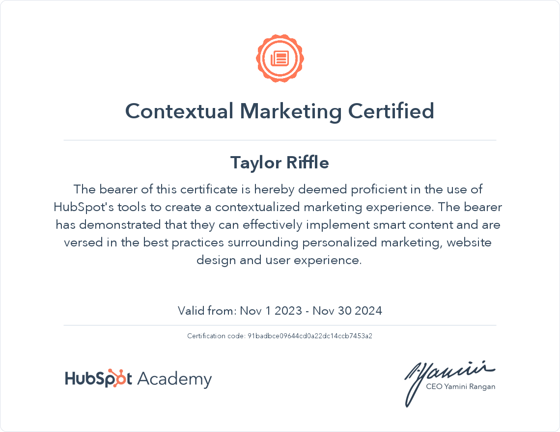 Taylor Riffle HubSpot Academy Contextual Marketing Certification