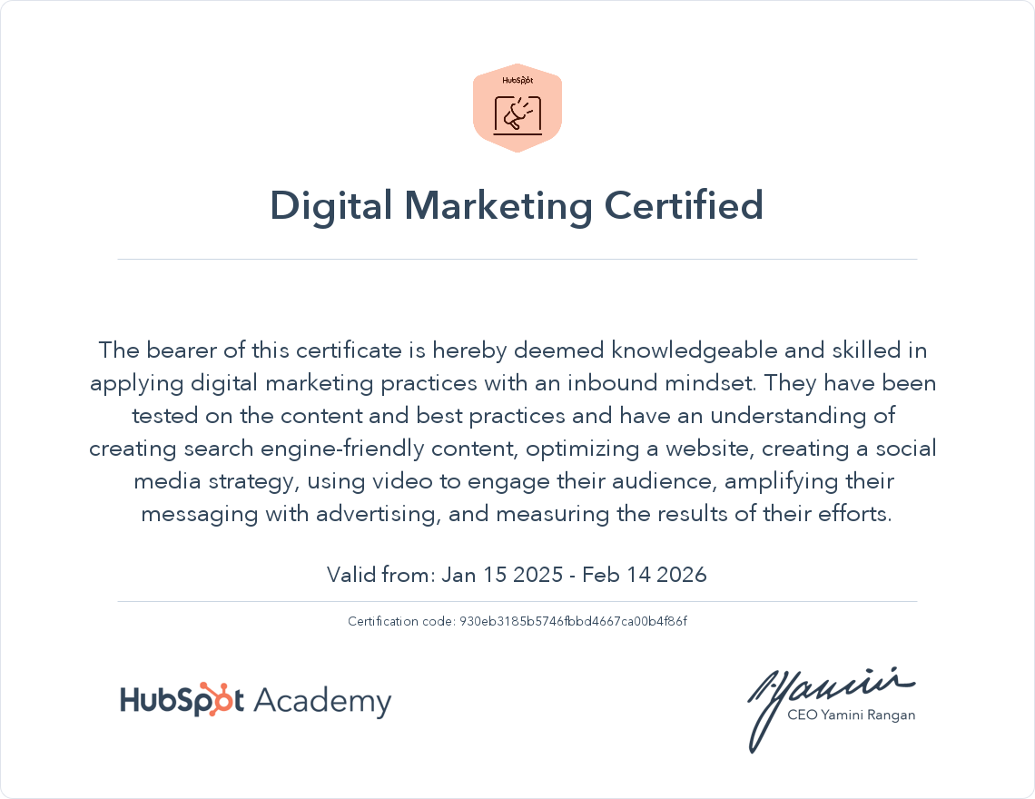 HubSpot Academy Digital Marketing Certification