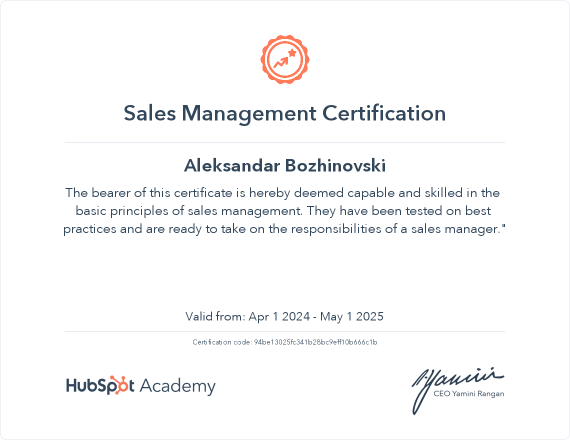 HubSpot Academy Sales Management Certification