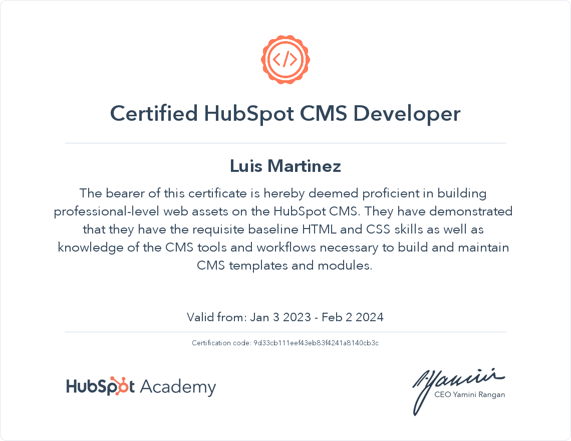 HubSpot Academy HubSpot CMS for Developers Certification