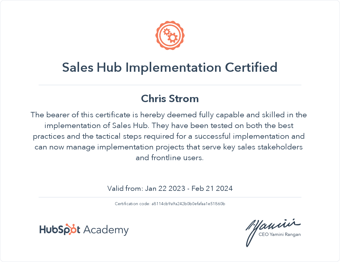 HubSpot Academy Sales Hub Implementation Certification