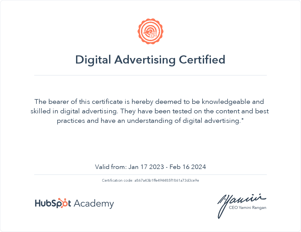 HubSpot Academy Digital Advertising Certification