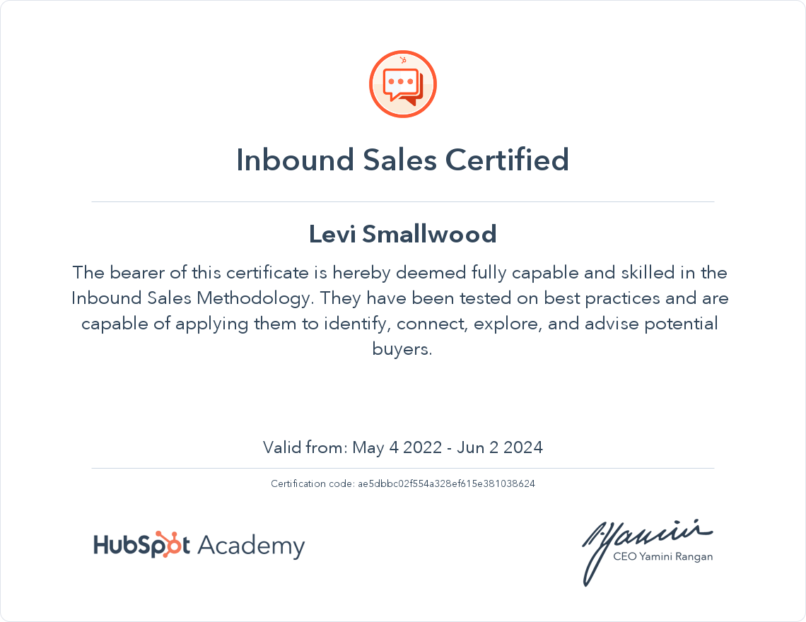 HubSpot Academy Inbound Sales Certification