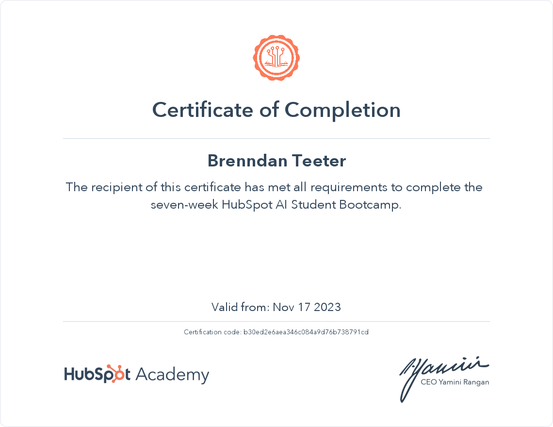 HubSpot Academy HubSpot AI Student Bootcamp Certification