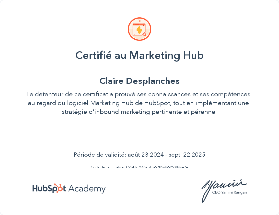 HubSpot Academy Marketing Hub de HubSpot Certification