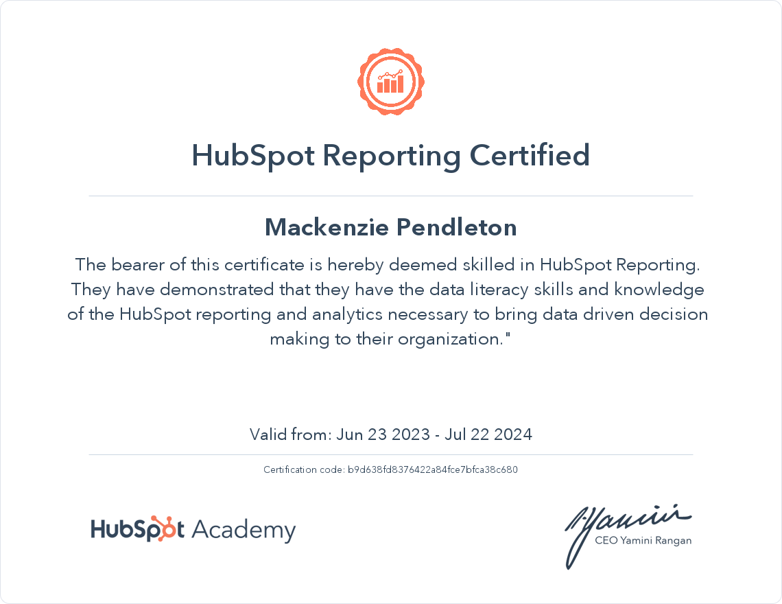 HubSpot Academy HubSpot Reporting Certification