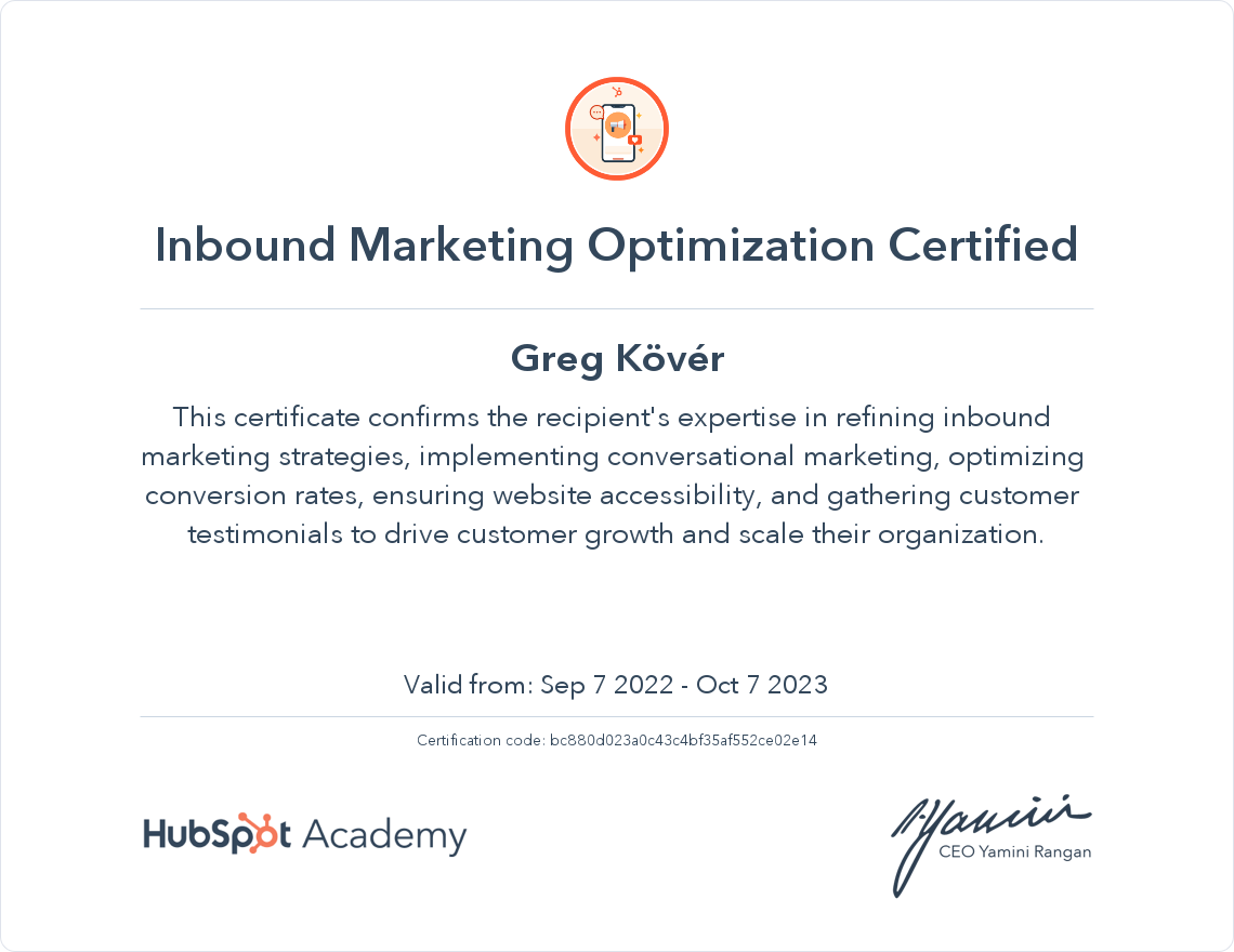 HubSpot Academy Inbound Marketing Optimization Certification