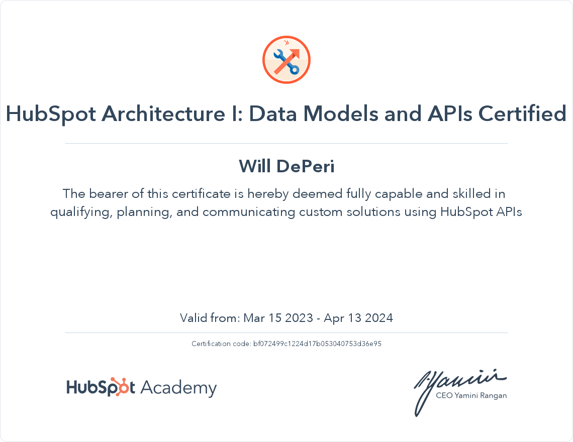 HubSpot Academy HubSpot Architecture I Data Models and APIs Certification