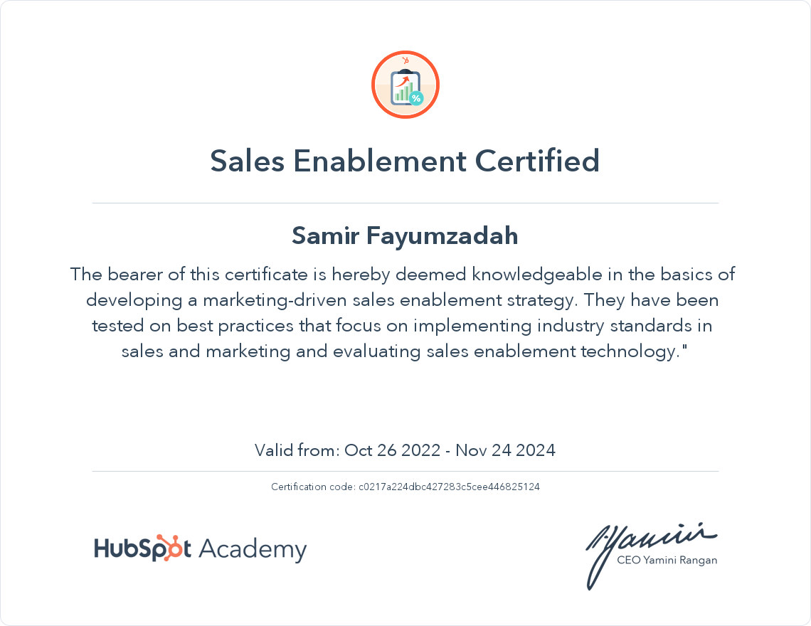 HubSpot Academy Sales Enablement Certification