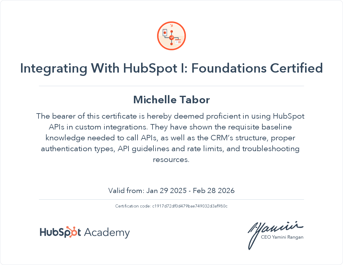 HubSpot Academy Integrating With HubSpot I Foundations Certification