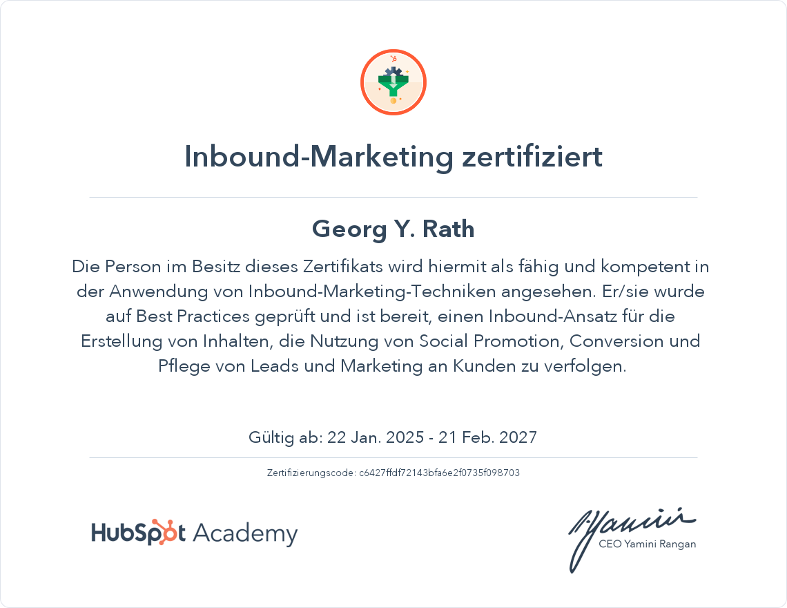 Georg Rath HubSpot Academy Inbound-Marketing-Zertifizierung
