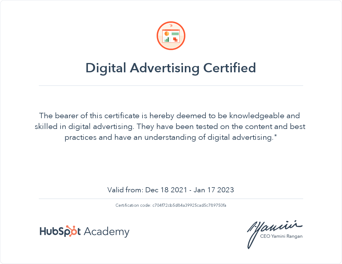 HubSpot Academy Digital Advertising Certification