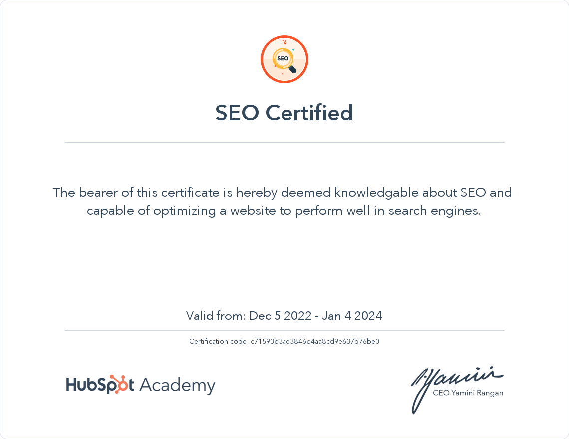 HubSpot Academy SEO Certification