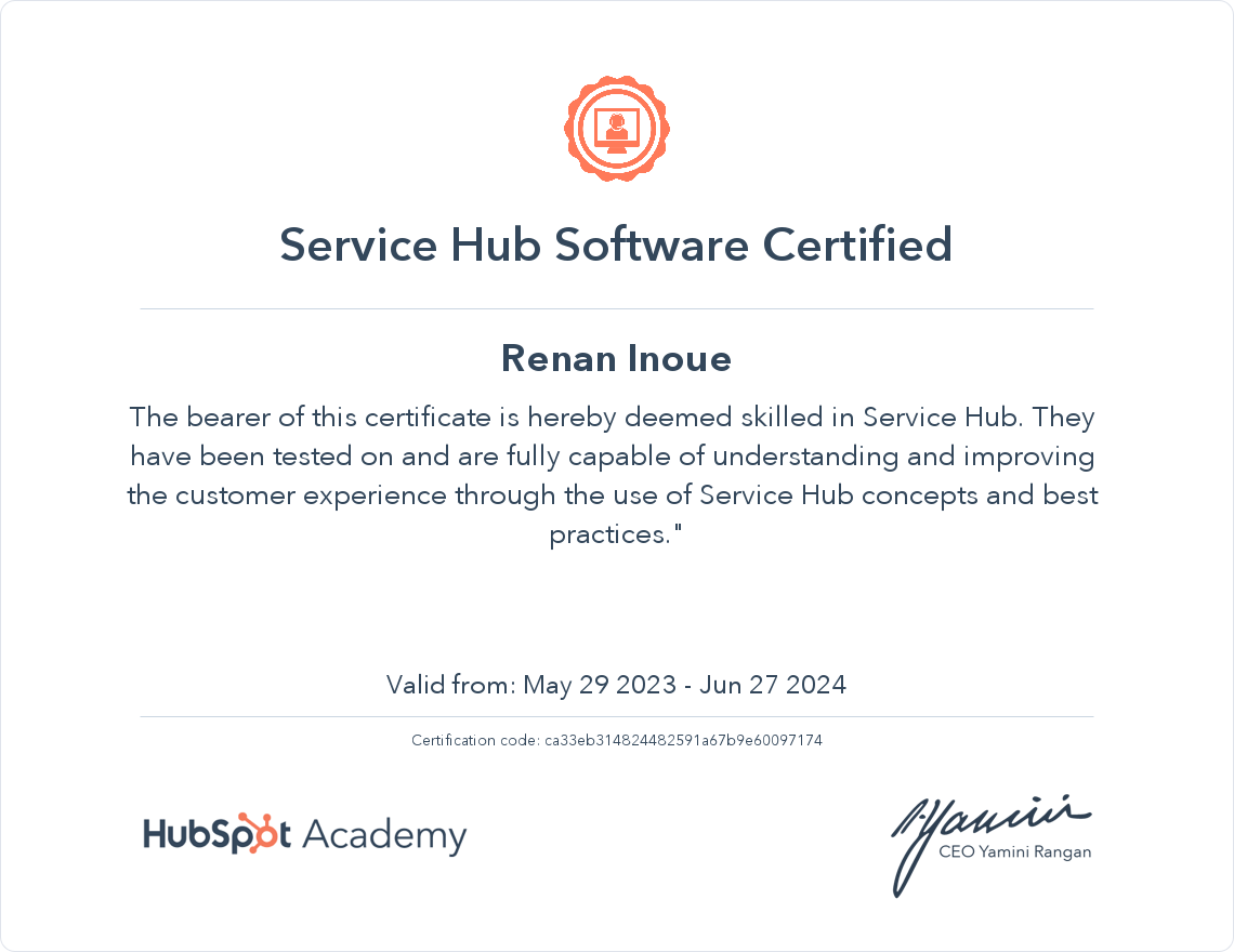 Certificação da HubSpot Academy Service Hub Software