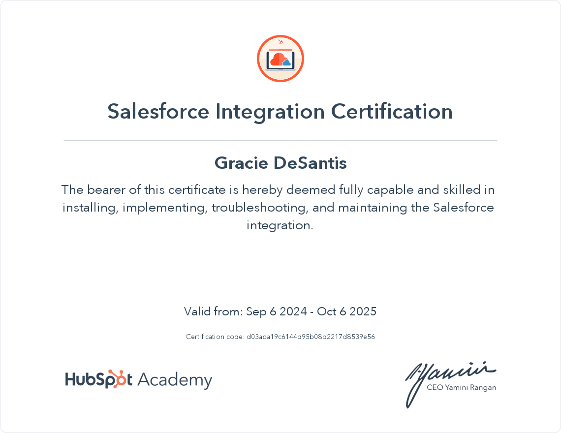 HubSpot Academy Salesforce Integration Certification Certification