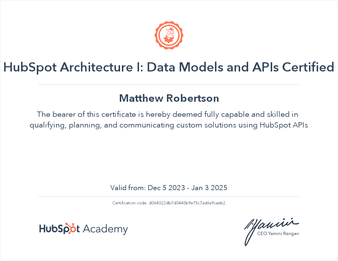 HubSpot Academy HubSpot Architecture I Data Models and APIs Certification