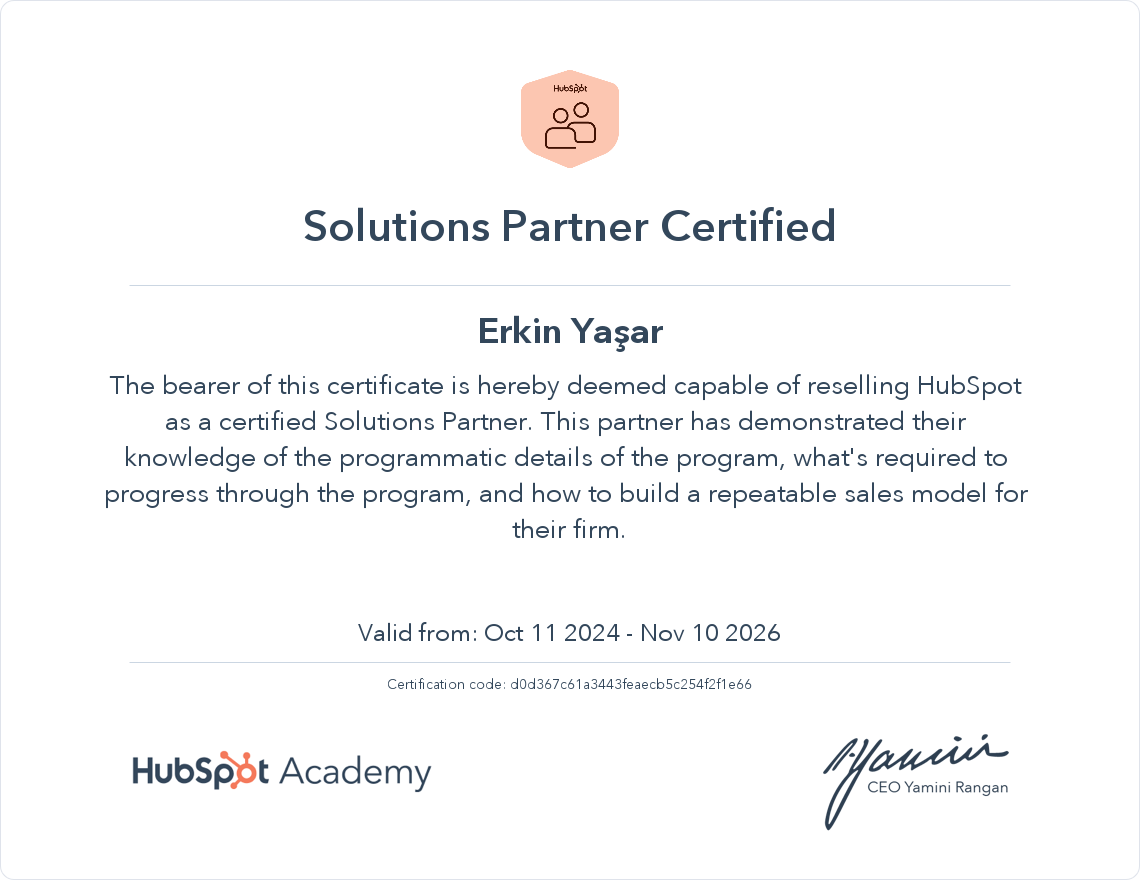 Yagar HubSpot Academy HubSpot Solutions Partner Certification