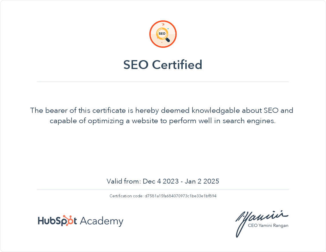 HubSpot Academy SEO Certification