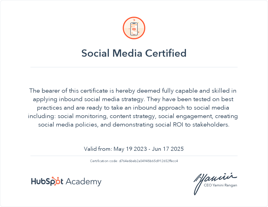 HubSpot Academy Social Media Marketing Certification