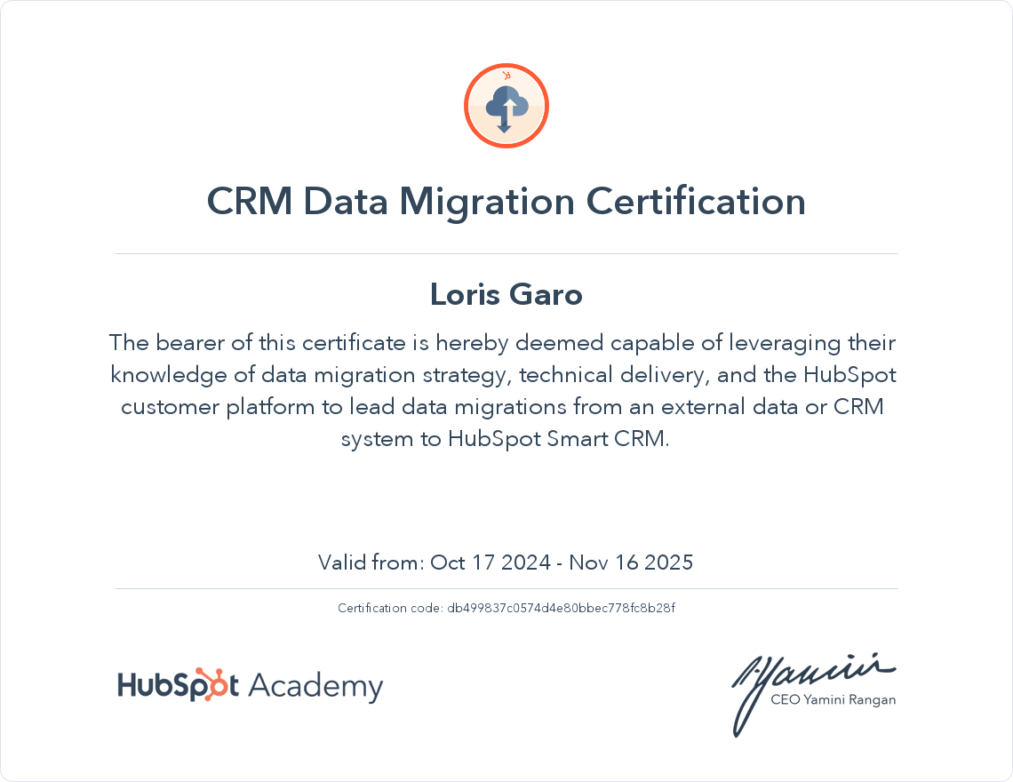 HubSpot Academy CRM Data Migration Certification Certification